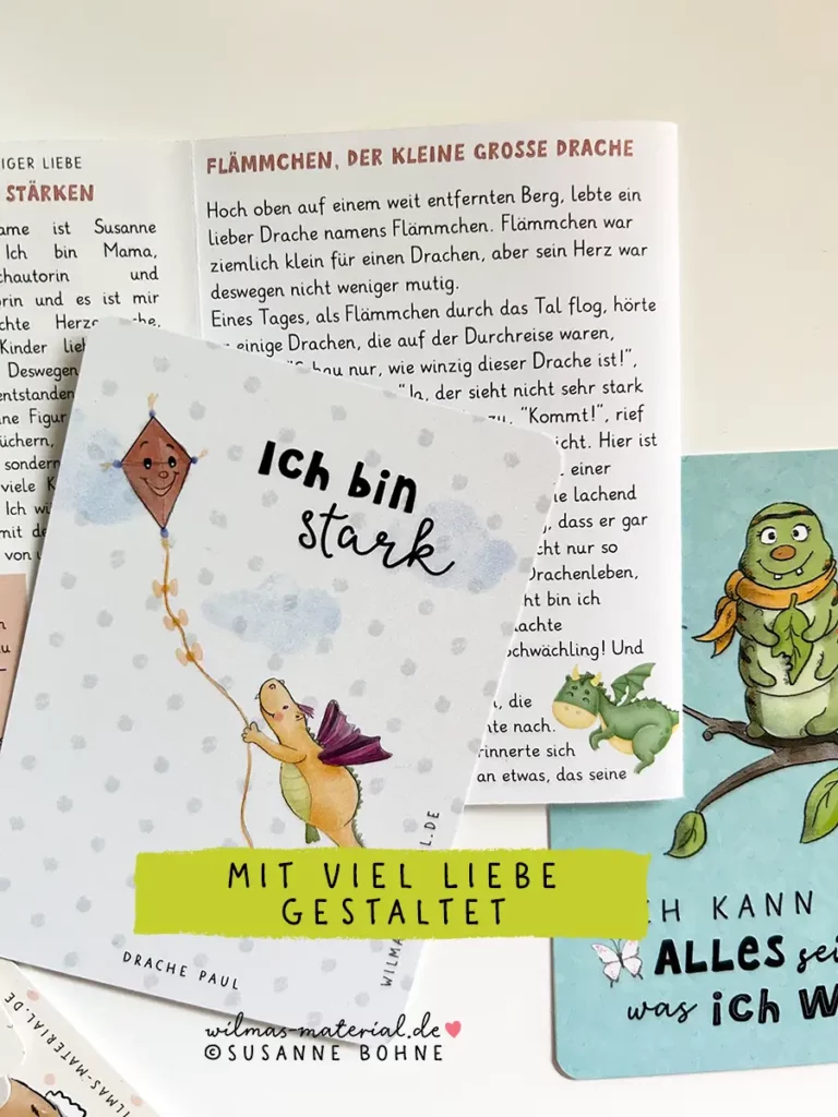 Affirmationen bedeuteung schöne karten von Wilma Wochenwurm Mutmacher Achtsamkeitskarten für Kinder Drache Geschichte