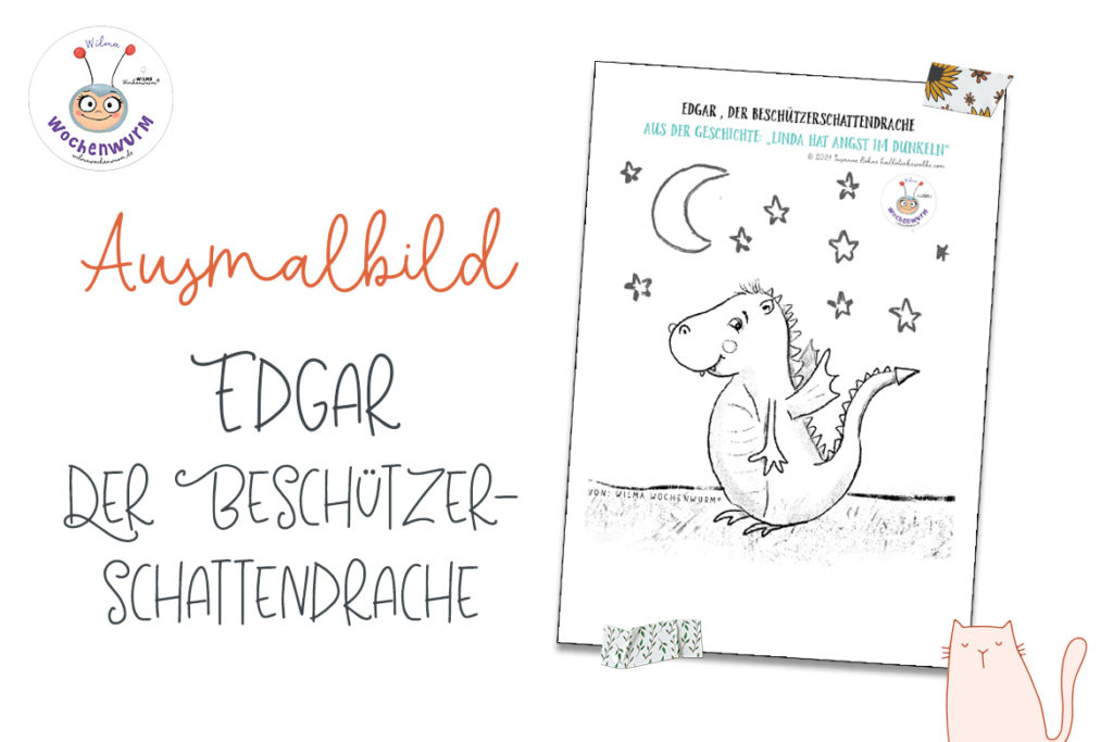 Ausmalbild Drache Edgar der Beschützerschattendrache aus Linda hat Angst im Dunkeln von Susanne Bohne Wilma Wochenwurm kostenlos