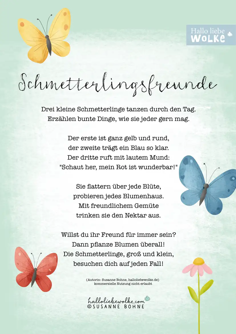 Gedichte über Schmetterlinge für Kinder von Hallo liebe Wolke - Schmetterlingsfreunde