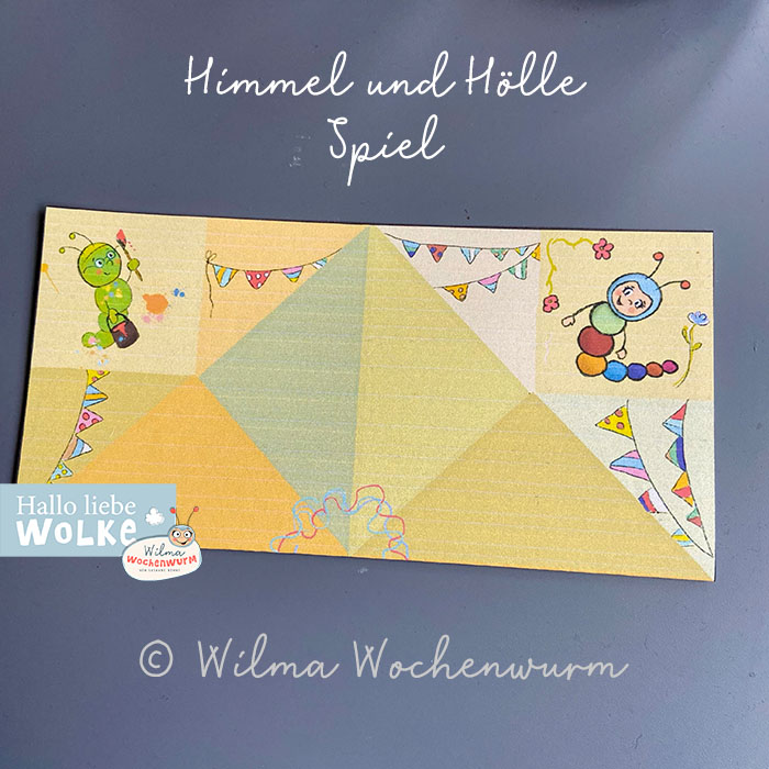 Himmel oder Hölle Spiel Basteln Anleitung Druckvorlage PDF kostenlos Kinder Kita Kindergarten Wilma Wochenwurm aus Papier Spruch falten beschriften