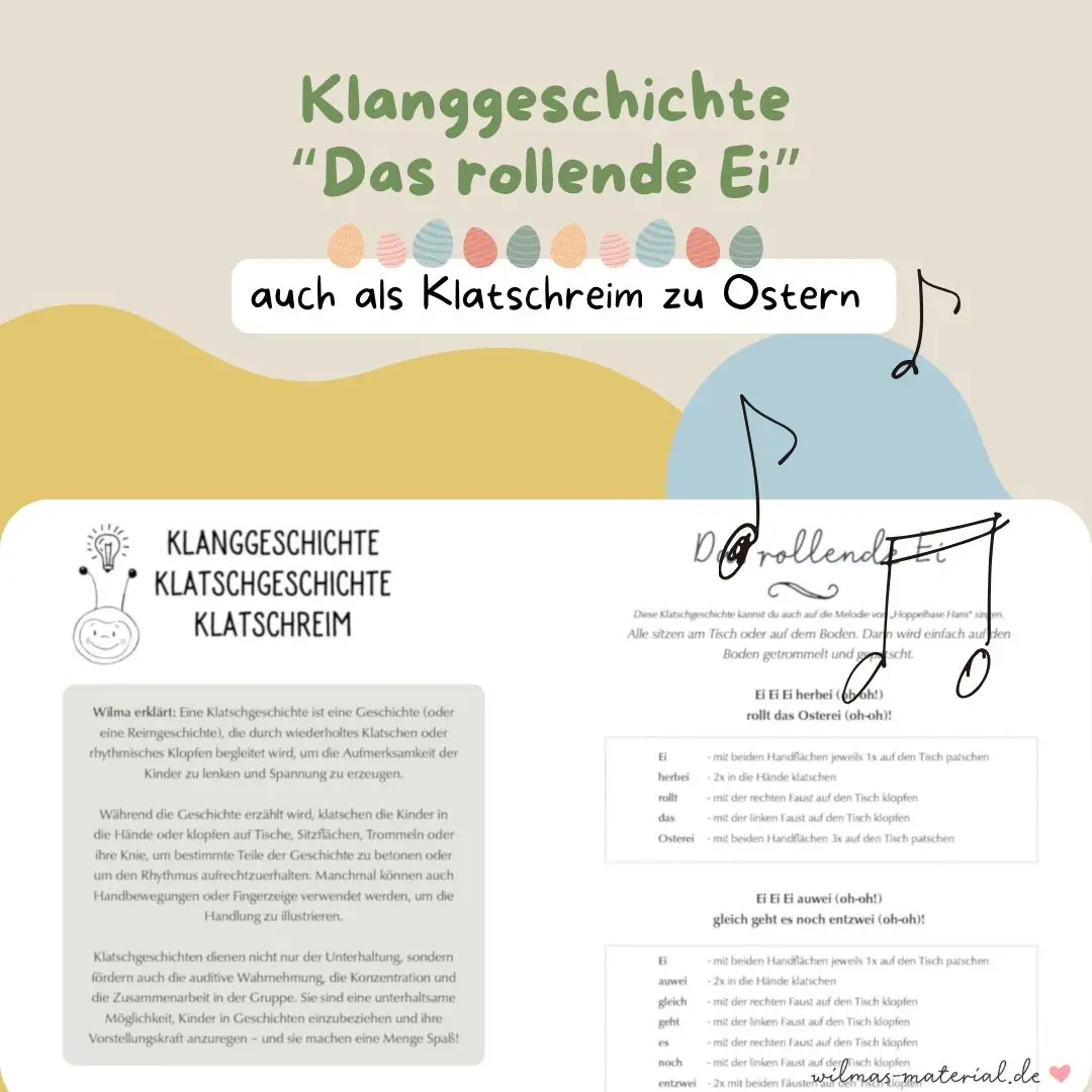 Klanggeschichte Frühling Ostern das rollende Ei Klatschreim Stuhlpersussion Kita Kindergarten Wilma Wochenwurm