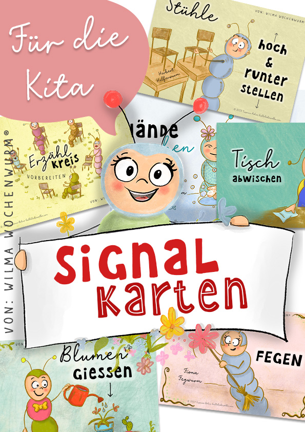 Signalkarten mit Wilma Wochenwurm für die Kita Kindergarten von Susanne Bohne